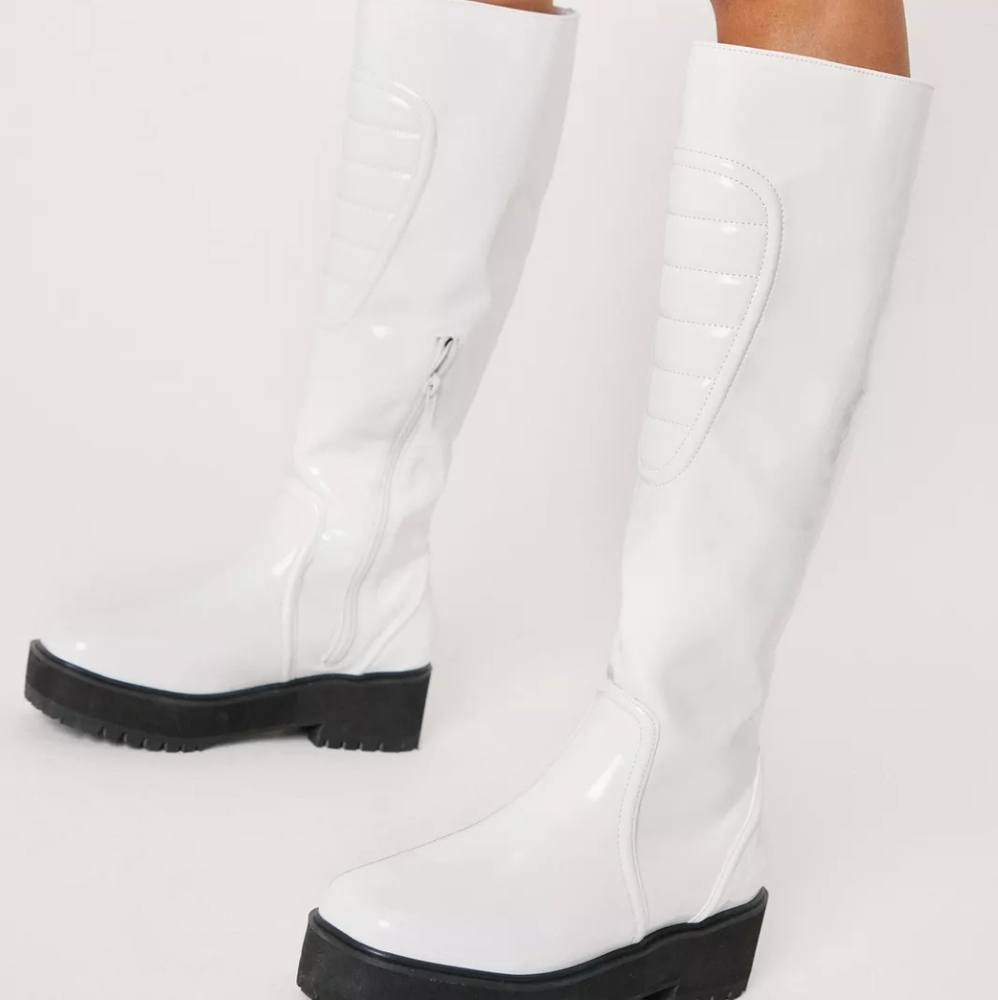 Nasty Gal pu knee high padded front boots optic white